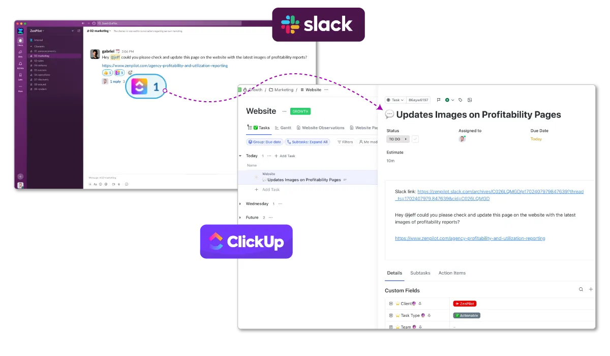 Slack to ClickUp automation interface showing emoji-triggered task creation
