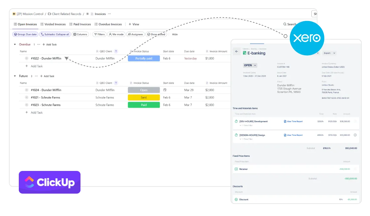 ClickUp + Xero Integration - invoice records synced automatically between ClickUp and Xero
