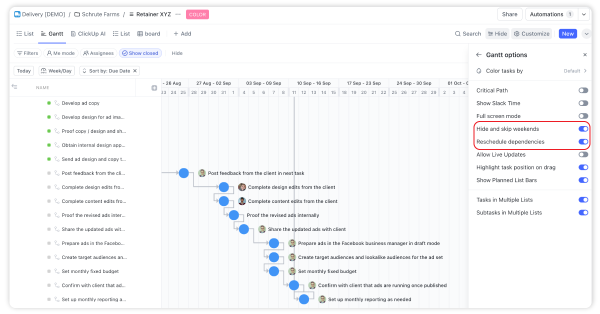 ClickUp Gantt View Settings