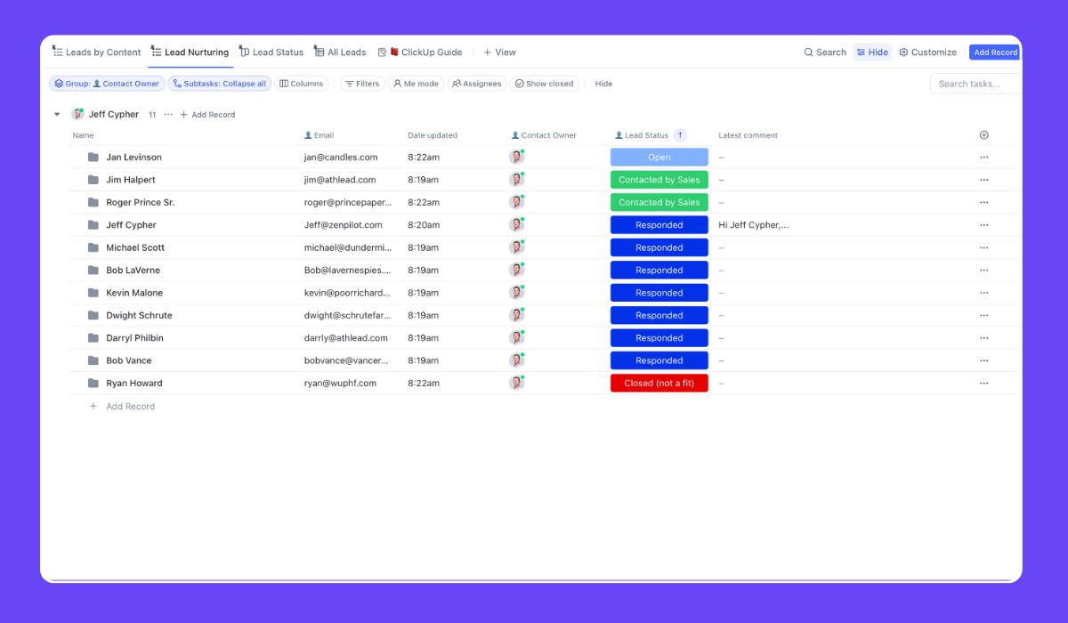 ClickUp Lead Tracker - Lead Nurturing View View