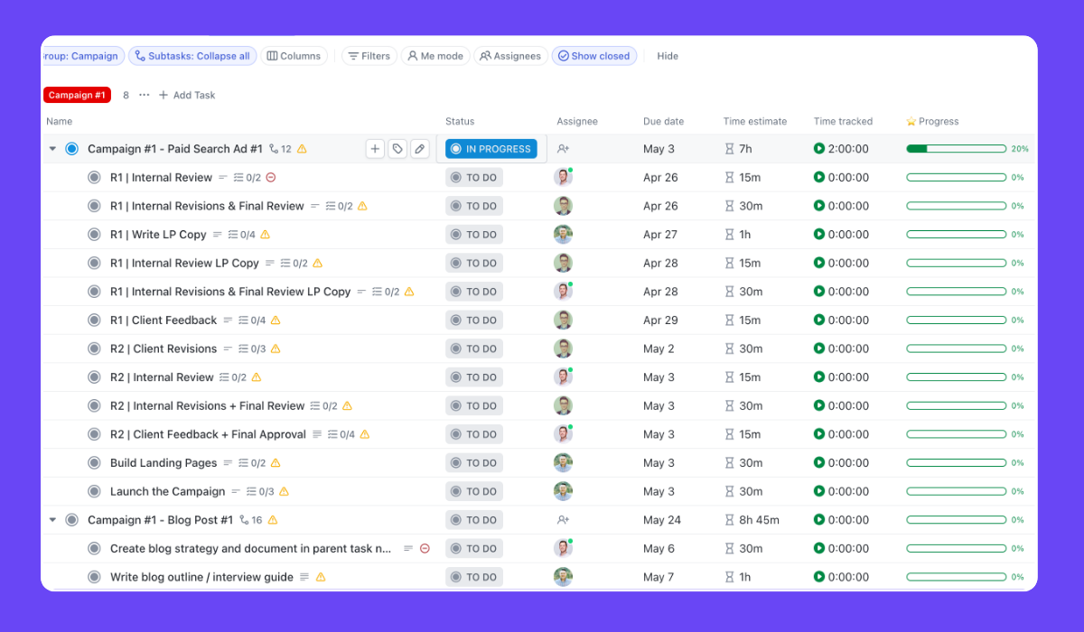 ClickUp for Marketing Teams - ClickUp Workflow and Progress