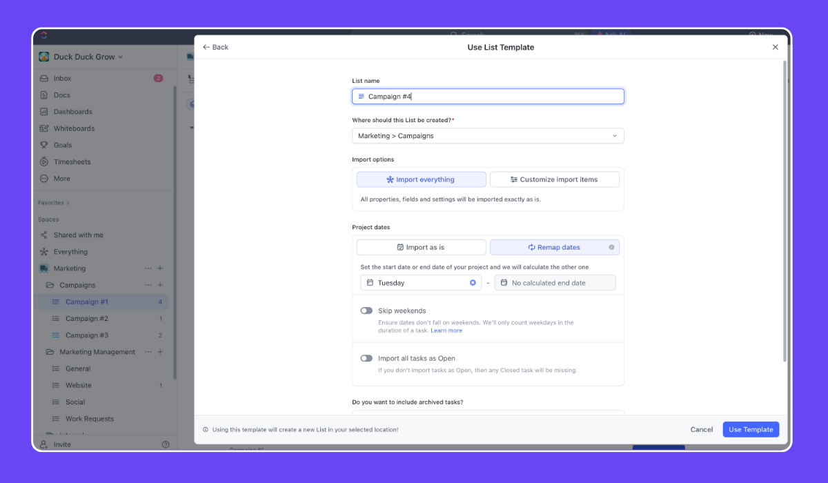 ClickUp for Marketing Teams - Creating a New Campaign List