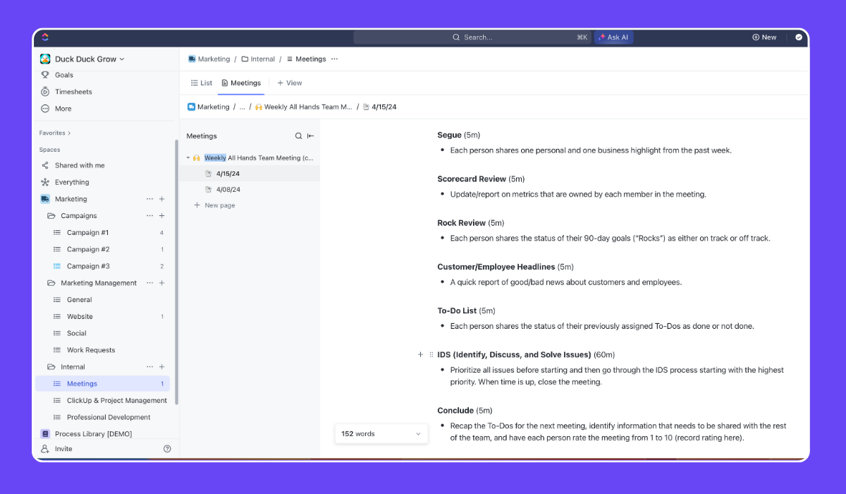 ClickUp for Marketing Teams - Running Internal Meetings