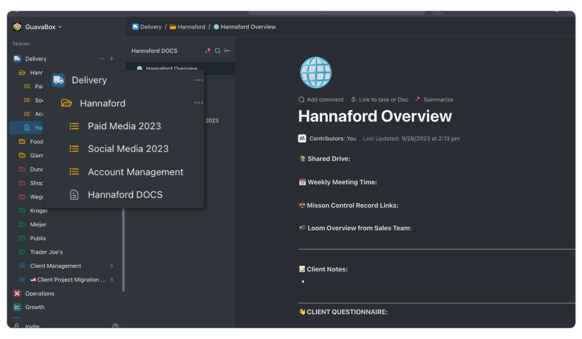 Delivery space in ClickUp