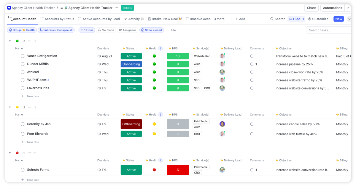 Leadership ClickUp view - Account Health