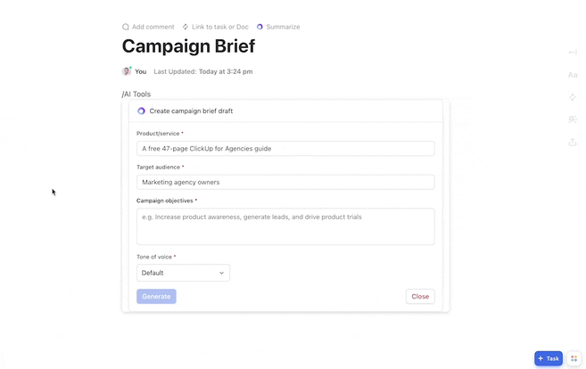 How to create a campaign brief with ClickUp AI