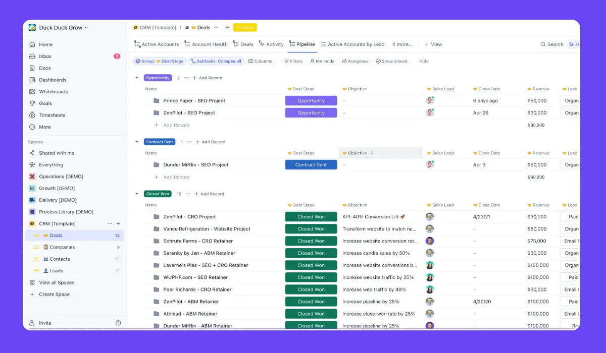 ClickUp Lead Tracker - Pipeline View